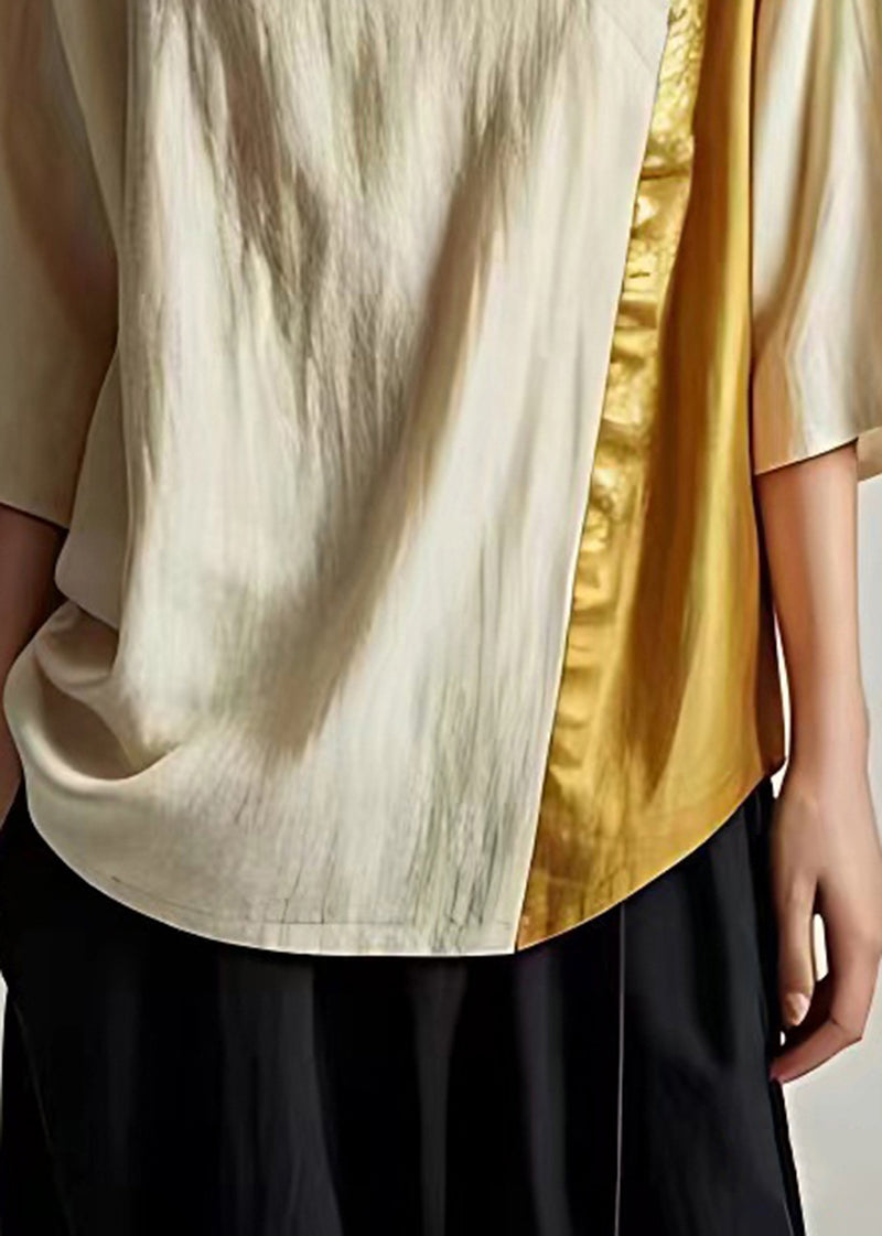 Beige V Neck Patchwork Linen Shirt Tops Summer