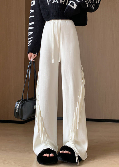 Beige Tasseled Elastic Waist Cotton Knit Pants Spring