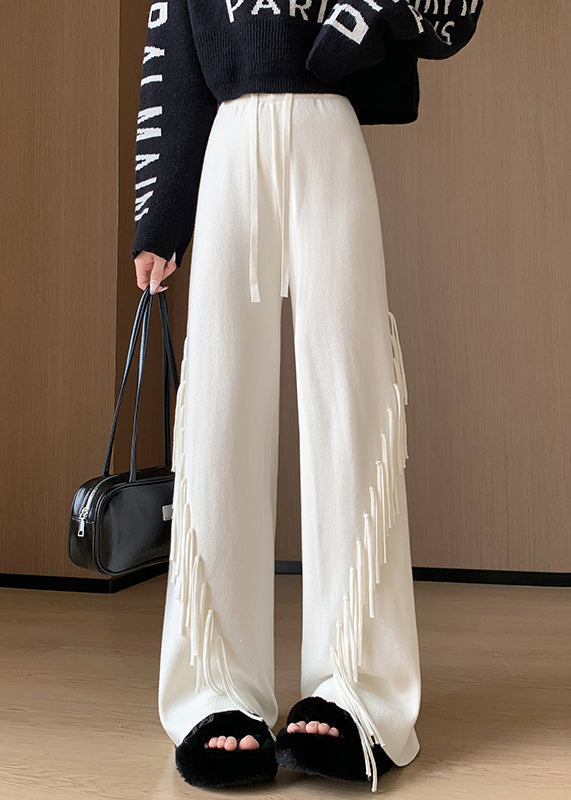 Beige Tasseled Elastic Waist Cotton Knit Pants Spring