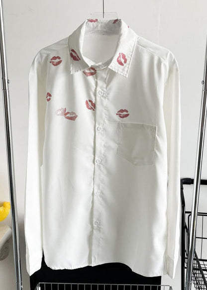 White Peter Pan Collar Print Cotton Tops Long Sleeve