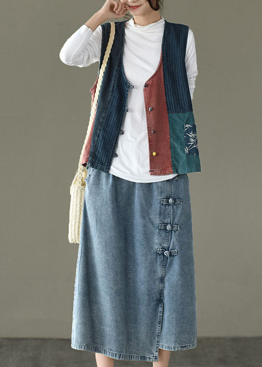 Fitted V Neck Button Patchwork Denim Tanks Sleeveless