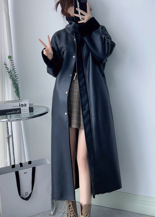 Boutique Black Stand Collar Leather and Fur Warm Coat Winter