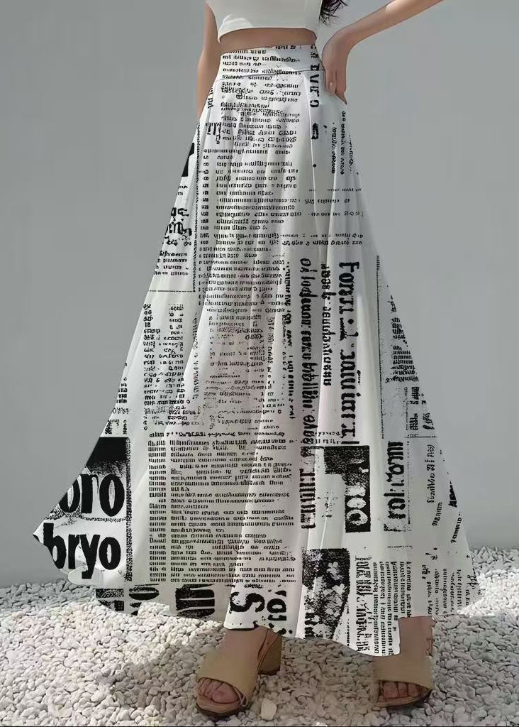 Unique White Newspapers Print Draping Chiffon Skirts Fall