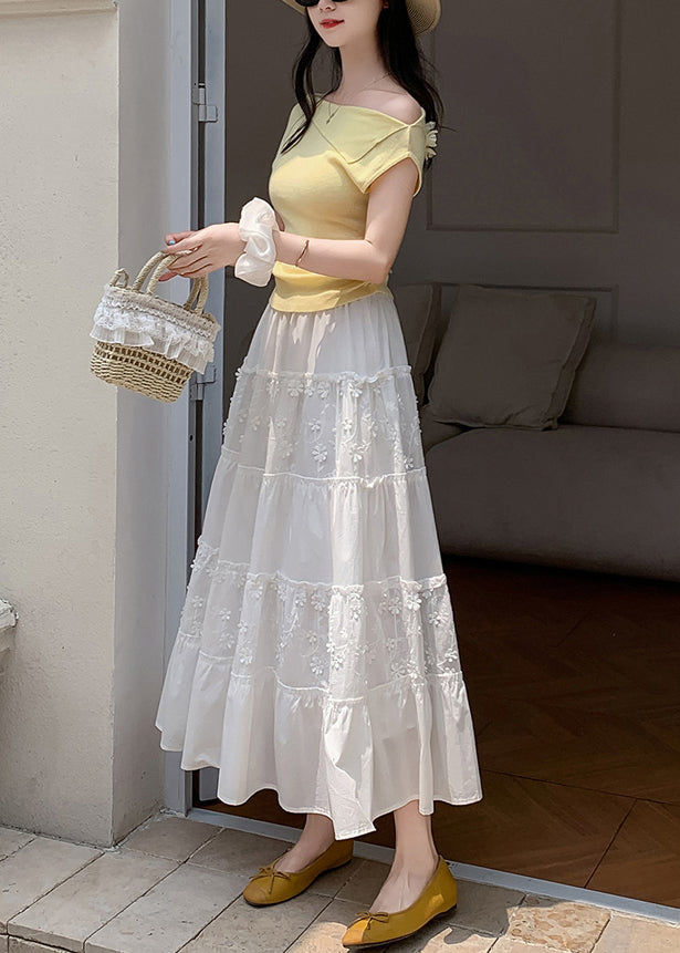White Patchwork Exra Large Hem Cotton Skirt Fall