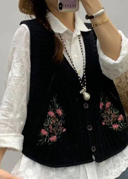 Green V Neck Embroidered Knit Vest Fall