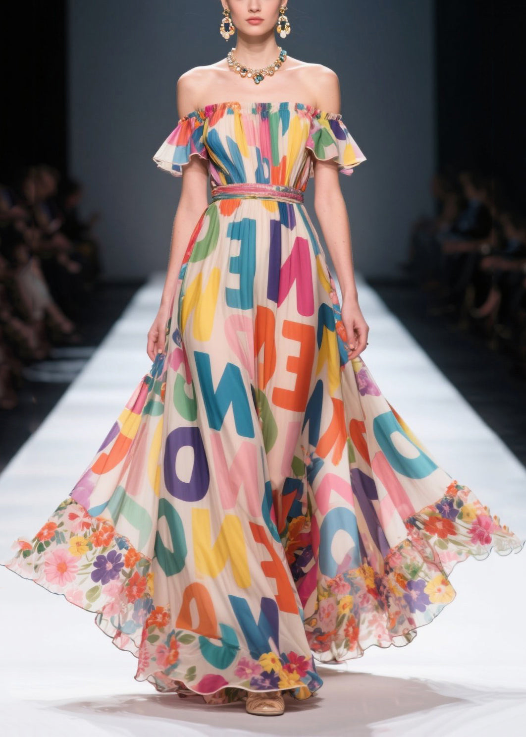 Cold Shoulder Letter Print Chiffon Beach Dresses Summer