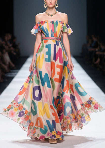 Cold Shoulder Letter Print Chiffon Beach Dresses Summer