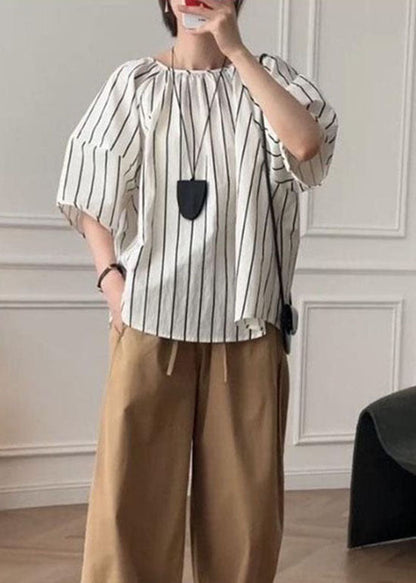 French Puff Sleeve Striped O-neck Cotton Shirt Top