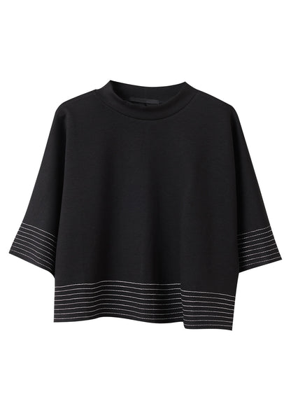 Black O-neck Striped Patchwork Tops Batwing Sleeve