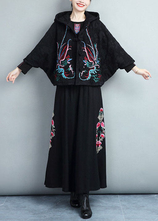 Black Embroideried Warm Fleece Coats and Pants Skirts Two Pieces Set Batwing Sleeve