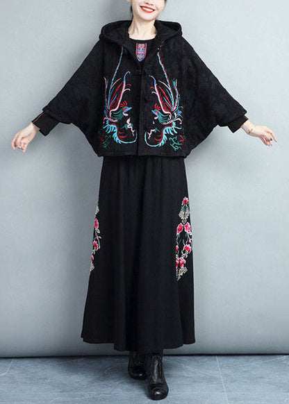 Black Embroideried Warm Fleece Coats and Pants Skirts Two Pieces Set Batwing Sleeve