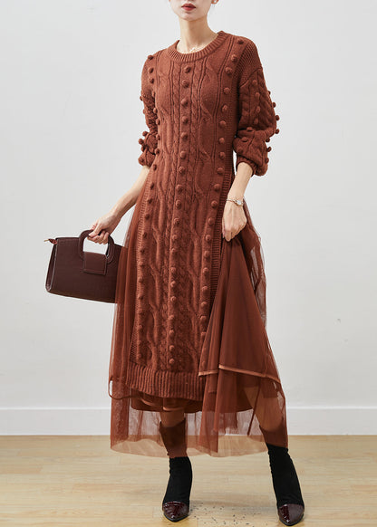 Khaki Silm Knit Sweater Dress and Tulle Skirt Two Pieces Set Side Open Winter