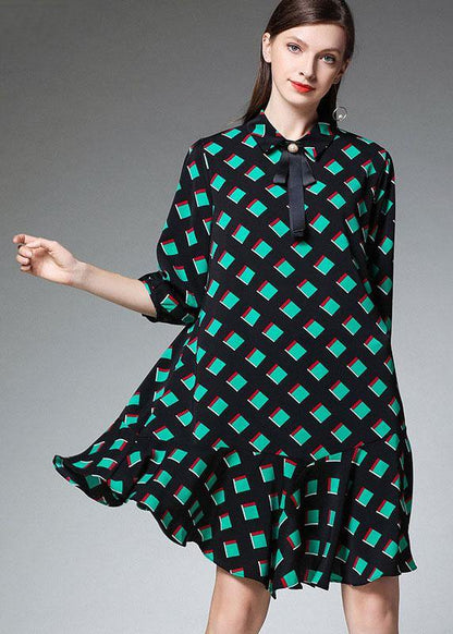 Green Plaid Chiffon Fall Zippered Party Dresses Half Sleeve