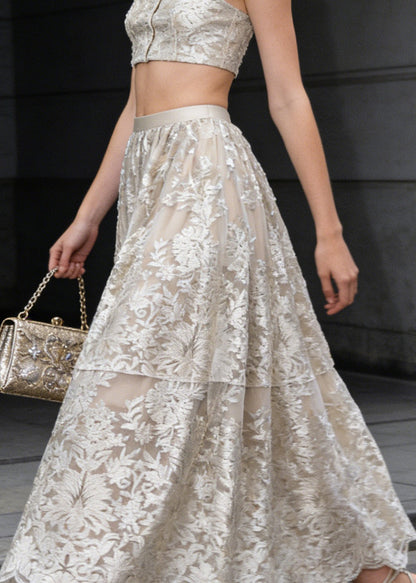 French Apricot Embroidered High Waist Tulle Skirts Spring