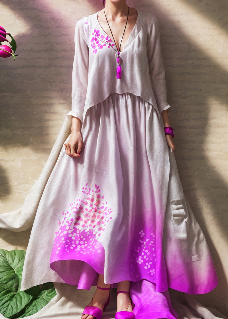 Boutique Gradient Color V Neck Wrinkled Silk Long Dress Summer