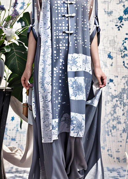 Blue Print Chinese Button Silk Long Dresses Summer