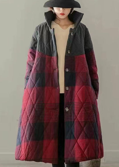 Red Pockets Plaid Patchwork Fine Cotton Filled Coats Winter
