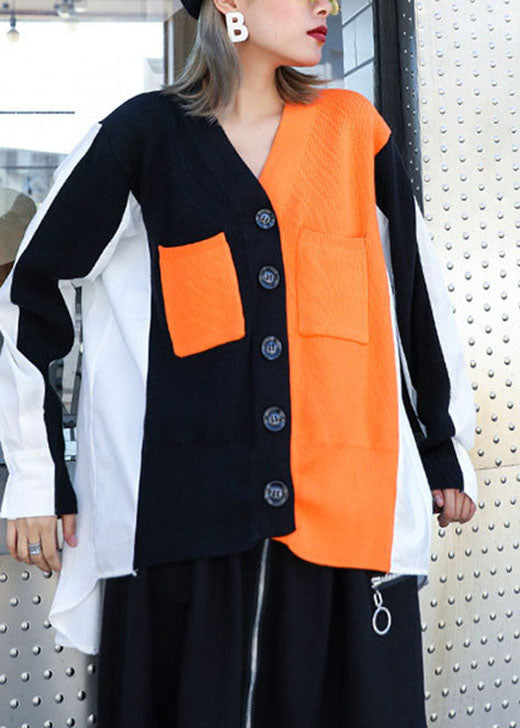 Stylish Black Patchwork Orange Pockets Asymmetrical Design Fall Knit Top