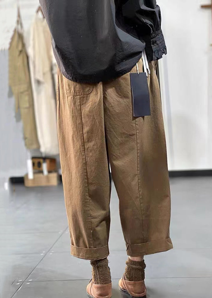 Black Pockets Elastic Waist Cotton Crop Pants Fall