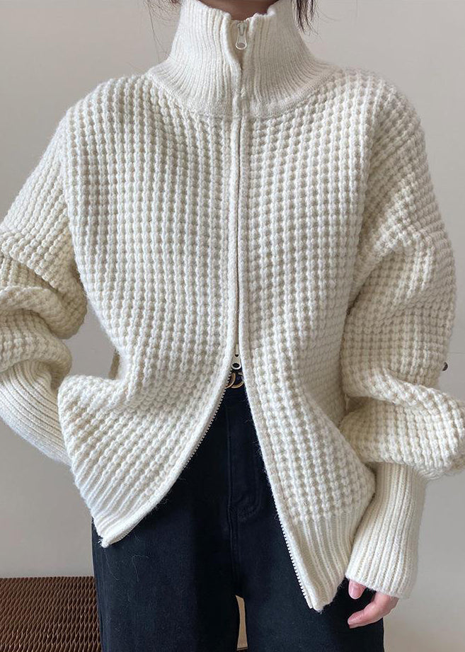 White Zip Up Plaid Knit Coat Spring