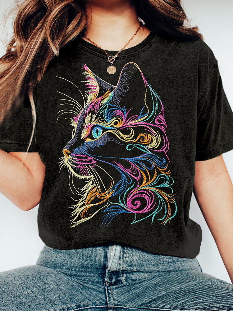 Colorful Cat Embroidery Art Graphic Vintage T Shirt elevenforest