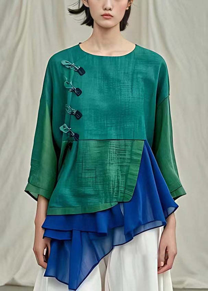 New Green O Neck Patchwork Cotton Tops Bracelet Sleeve