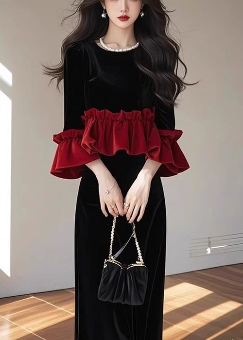 New Black Ruffled Tops and Skirts Patchwork Silk Velvet Two Pieces Set Fall