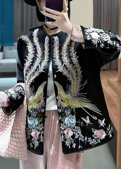 Black Button Embroideried Silk Coats O-neck Long Sleeve