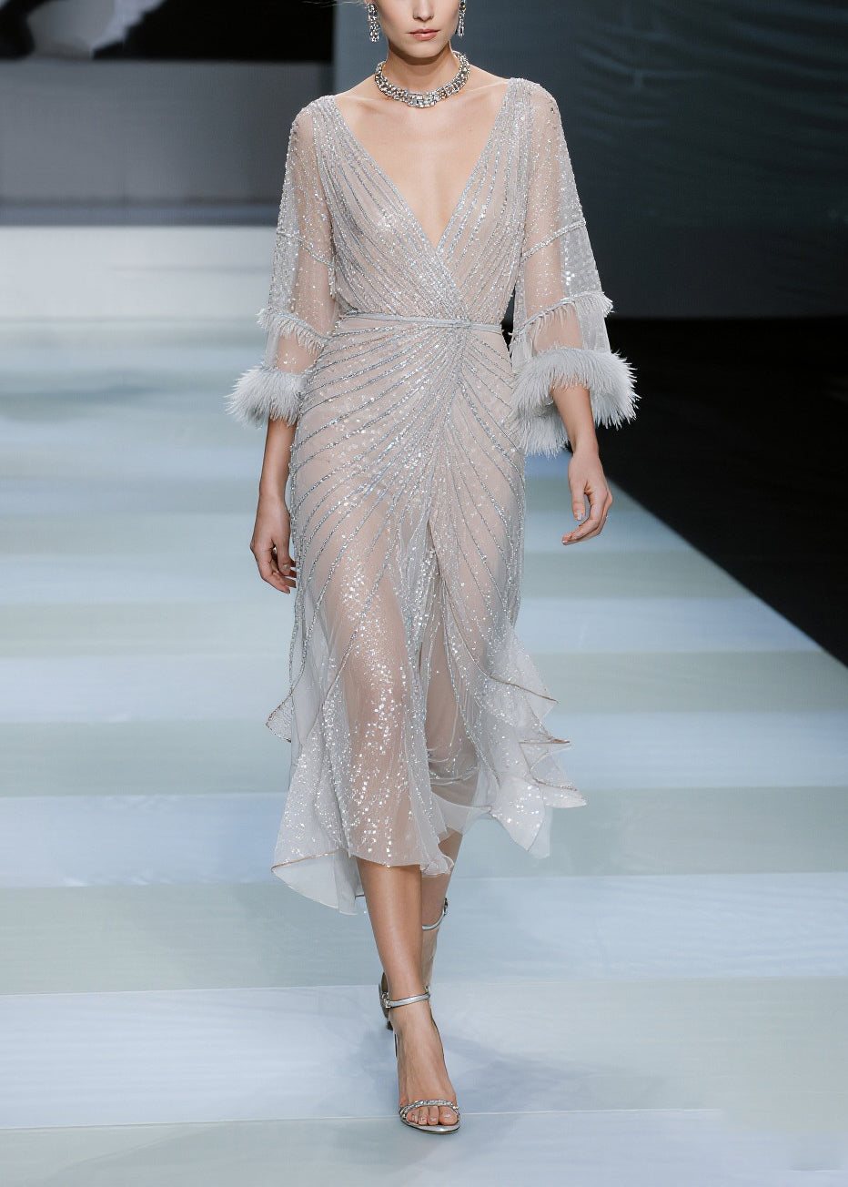 White Sequins Patchwork Faux Fur Tulle Dresses Summer