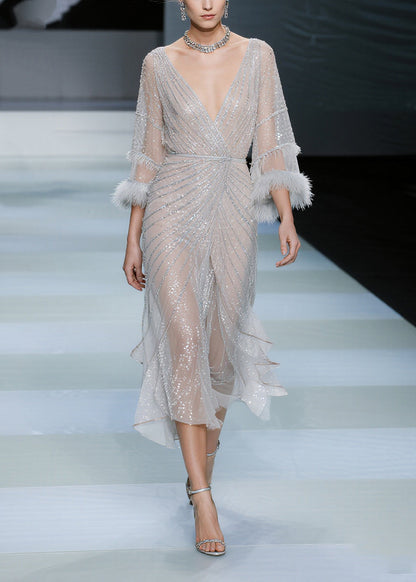 White Sequins Patchwork Faux Fur Tulle Dresses Summer