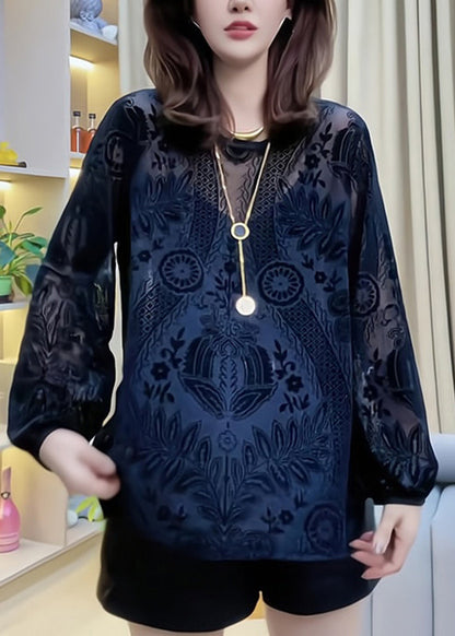 Hollow Out Lace Shirt Black V Neck Spring