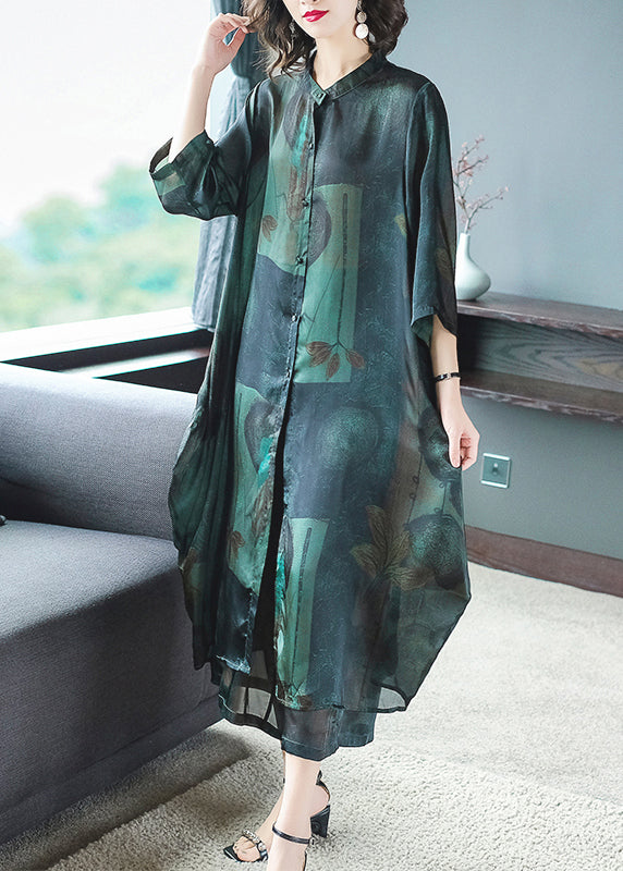 Original Green Pockets Print Thin Silk Shirt Dress and Wide Leg Pants Two Piece Outfit Summer