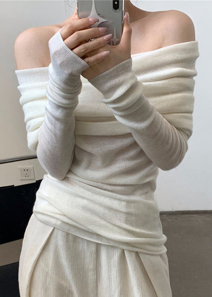 Grey Slash Neck Wrinkled Knit Top Spring