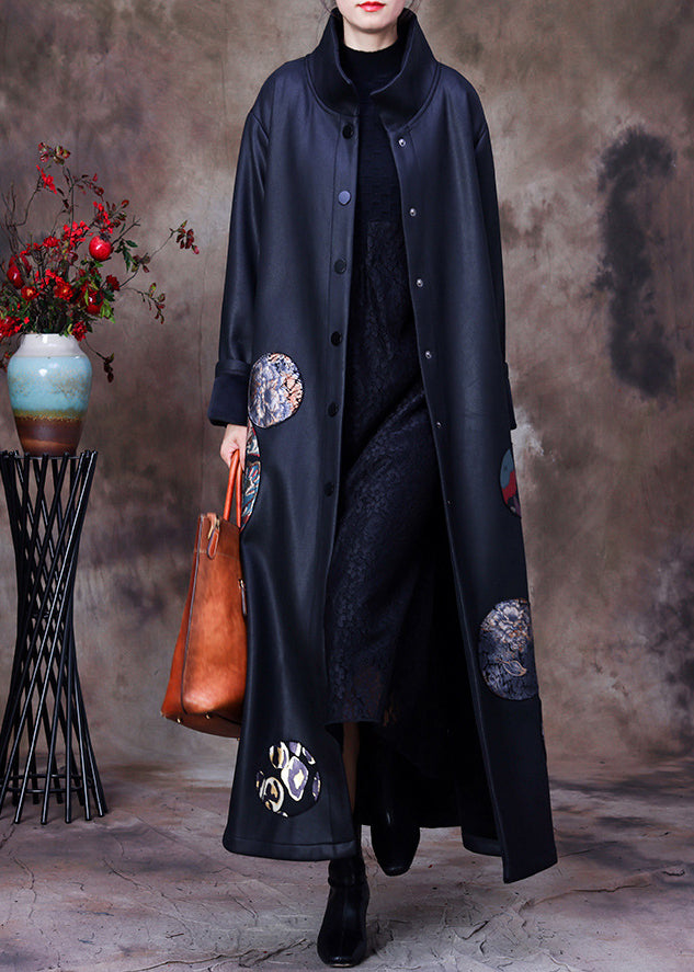 Organic Black Stand Collar Embroideried Button Silk Trench Coats Long Sleeve