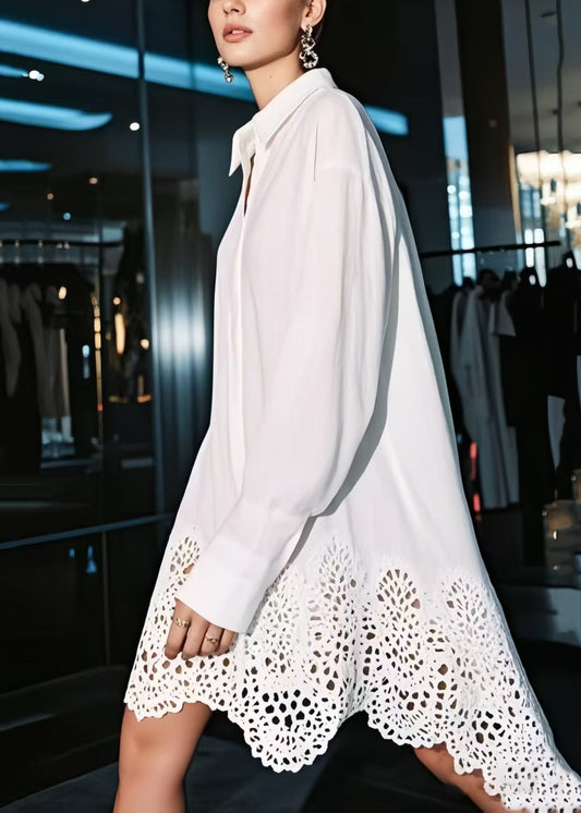 White Oversized Hollow Out Cotton Shirt Dresses Spring