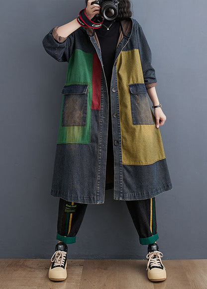 Colorblock Patchwork Button Hooded Denim Trench Coat Long Sleeve