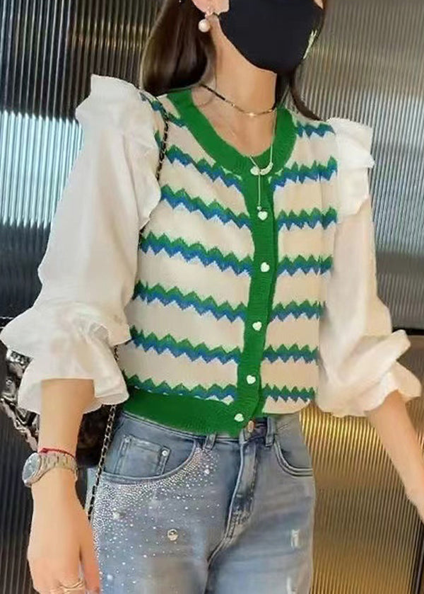 Green Striped Ruffled Patchwork Knit Blouse Tops Fall
