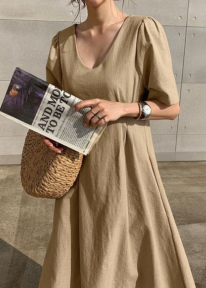 Unique Khaki V Neck Wrinkled Patchwork Cotton Dress Summer