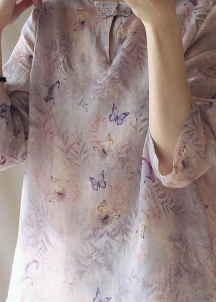 Light Purple Butterfly Printing Top Silhouette Stand Collar Midi Top