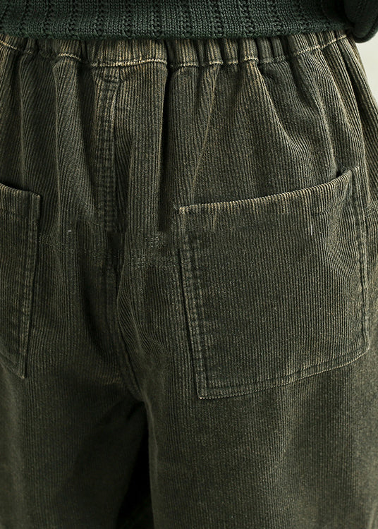 Green Pockets Elastic Waist Corduroy Warm Fleece Pants Spring