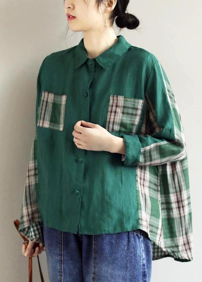 Lapel Patchwork Spring Blouse Fabrics Green Plaid Shirts
