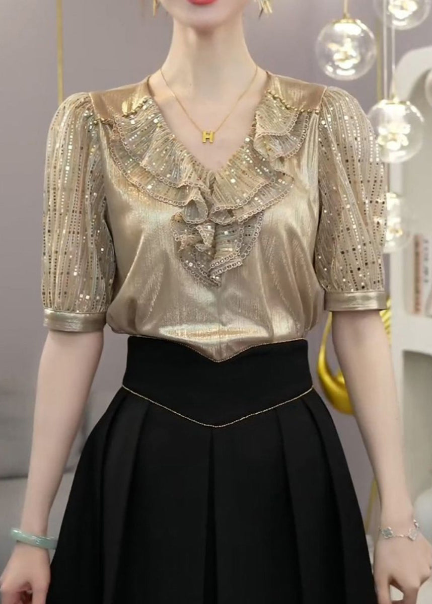 Champagne Ruffled Patchwork Silk Top Short Sleeve