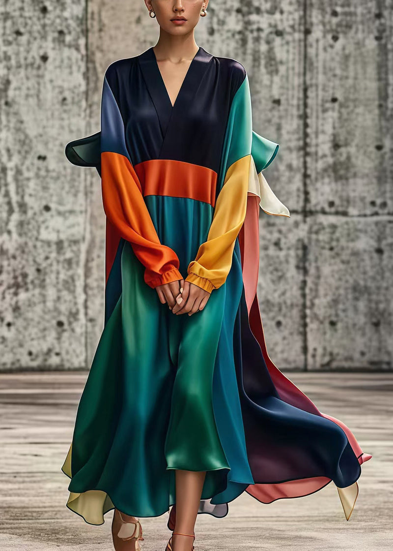 Unique Colorblock Oversized Patchwork Draping Silk Vacation Dresses Fall