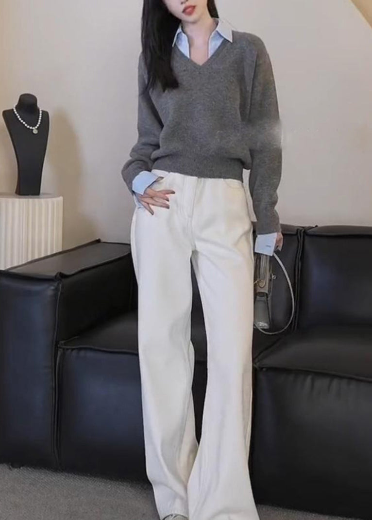Grey Thick Patchwork Knit Fake Two Piece Sweater Winter