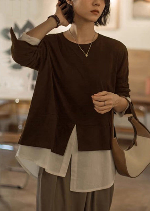 Loose Black O-neck False Two Pieces Cotton T Shirt Long Sleeve