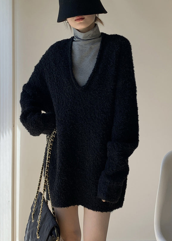 Simple Black V Neck Knit Sets 2 Pieces Winte