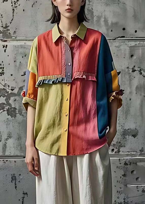 Art Colorblock Ruffled Patchwork Linen Tops Summer