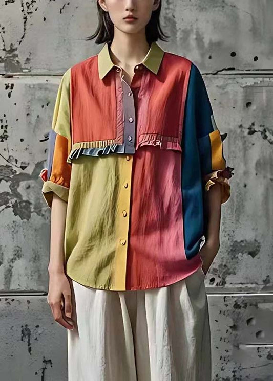 Art Colorblock Ruffled Patchwork Linen Tops Summer
