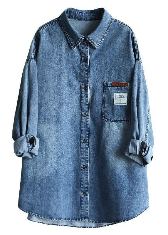 Blue Peter Pan Collar Oversized Applique Cotton Denim Coat Spring