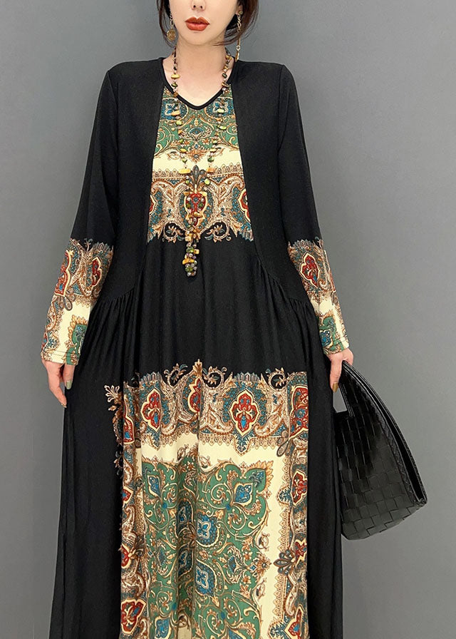 Black O Neck Wrinkled Print Silk Dresses Spring